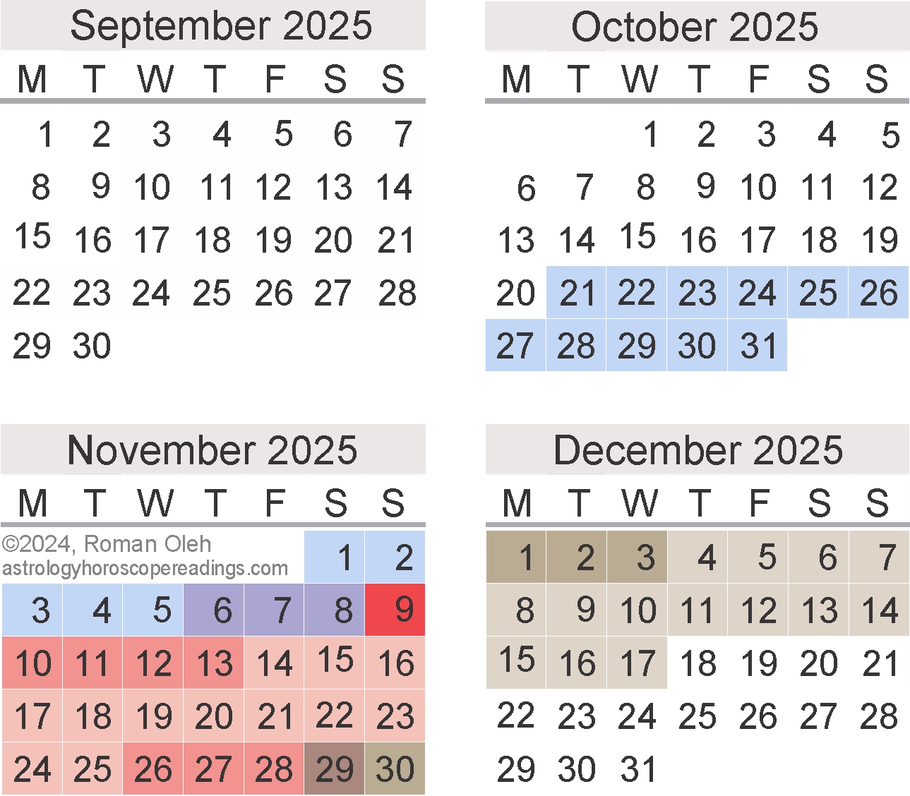 Mercury Retrograde Calendar, September to Decemberl 2020.  Copyright 2018 by Roman Oleh Yaworsky, www.astrologyhoroscopereadings.com